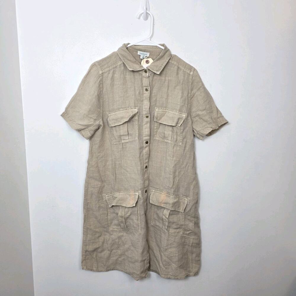Sundance‎ Tan 100% Linen Safari Outdoor Button Up Harper Mini Shirt Dress Size S - Picture 2 of 9